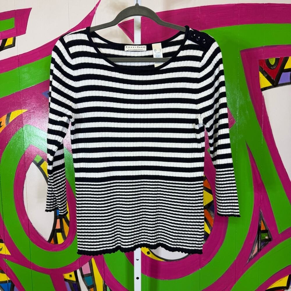 Crazy Horse Black and White Striped Ribbed Sweater. Size Large. Excellent cond!